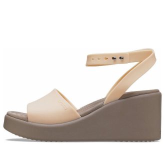 Sandálias Crocs (WMNS) Brooklyn com tira no tornozelo e salto anabela “Creme, branco e marrom” 209406-2DS