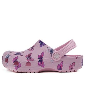 Sandálias esportivas Crocs (PS) Classic Clog com estampa de borboleta e salto baixo para áreas externas, rosa, 206414-6GD