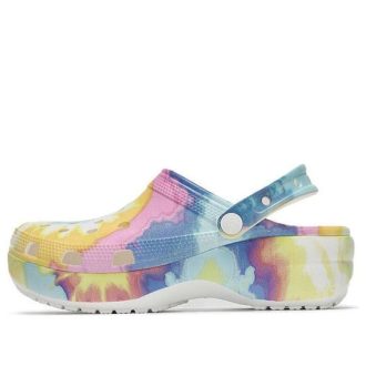 Sandálias esportivas leves e confortáveis  Crocs (WMNS) Classic Clog Clouds com estampa tie-dye, rosa e azul, 207151-94S